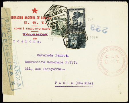 Espagne n°509 + 557 + 558 OBL Barcelona (1938) sur lettre censurée avec en tête rouge "Federacion nacional de communicaciones UGT comité ejecutivo nacional". TB