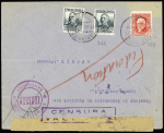 Espagne n°558, 2 pièces + n°559 OBL Santanber (1937) sur lettre avec cachet rond rouge "Estado mayor censura Santander". TB