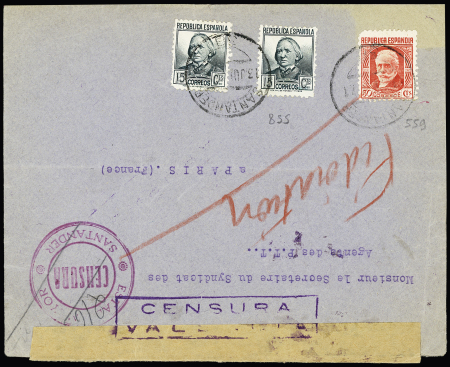 Espagne n°558, 2 pièces + n°559 OBL Santanber (1937) sur lettre avec cachet rond rouge "Estado mayor censura Santander". TB