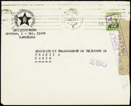 Espagne n°508 OBL Barcelona (mars 1938) sur lettre censurée à en-tête "Organizacion telefonica obrera espanola comité ejecutivo nacional". TB