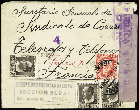 Espagne n°528A, 3 pièces + 559 sur lettre avec cachet rect noir "Cuerpo de securaidad nacional seccion rural distacamento de Aviles". TB