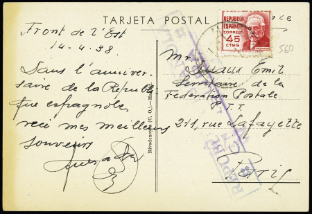 Espagne n°560 sur carte postale avec illustration sépia du Sindicato de Agentes del Comercio y de la Industria (SACI) censurée et adressée à Paris. TB