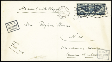 USA PA n°25 OBL Beverly Hills (sept 1939) sur lettre pour une internée allemande avec cachet rect noir "CRE Fort-Carré Antibes" (CRE : Centre de Rassemblement des Etrangers). TB