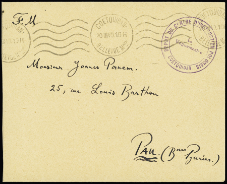 LF avec OBL mec de Coetquidan Bellevue Morbihan (1940) et cachet violet "Dépôt du centre d'instruction polonais Coetquidan - le vaguemestre". TB