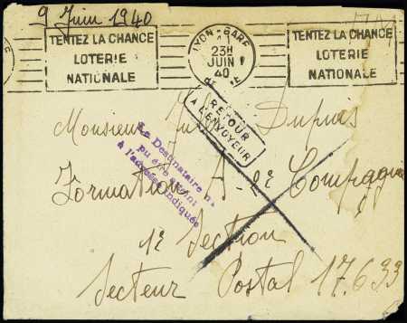 LF de Lyon adressée à un soldat de l'expédition de Narvik au SP 17633 avec griffe violette "le destinataire n'a pu être atteint à l'adresse indiquée". TB