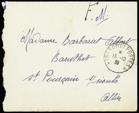 LF avec CAD de fortune "tresor et postes" (1939 - réutilisation d'un CAD de 1914 - 1918). TB