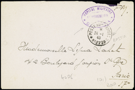 LF avec CAD "poste aux armées n°2228" (1940) + cachet violet "Hopital militaire de Bastia - le vaguemestre". TB