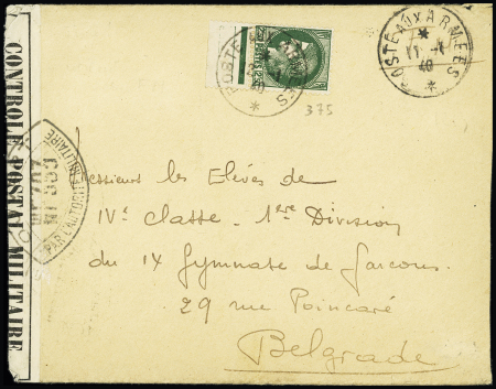 N°375, 2F50 Cérès OBL CAD "poste aux armées" (20.1.40) sur lettre censurée pour Belgrade (AFF gratuit pour l'étranger). TB