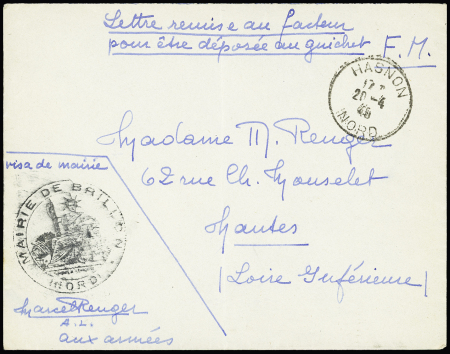 LF avec CAD "Hasnon Nord" (20.4.40) + cachet noir avec déesse assise "Mairie de Brillon (Nord)" et mention manuscrite "lettre remise au facteur pour être déposé au guichet". TB