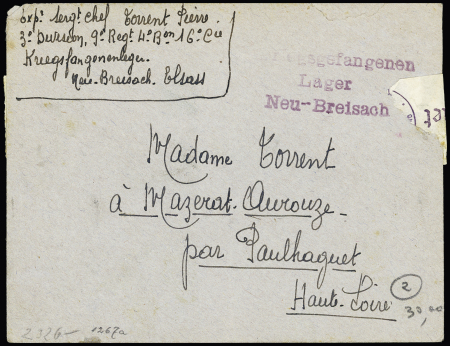 LF d'un prisonnier français avec griffe "Kriegsgefangenen Lager Neu-Breisach" et censure allemande au verso. TB