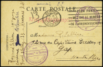 Carte postale d'un prisonnier français à la caserne du Colombier à Rennes (12.11.1940) avec cachet violet "Camp du Colombier le vaguemestre" + griffe rouge "Kriegsgefangenenpost" + cachet violet "Gepruft" Guines" in R