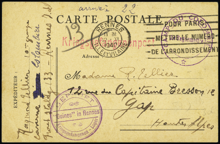 Carte postale d'un prisonnier français à la caserne du Colombier à Rennes (12.11.1940) avec cachet violet "Camp du Colombier le vaguemestre" + griffe rouge "Kriegsgefangenenpost" + cachet violet "Gepruft" Guines" in R