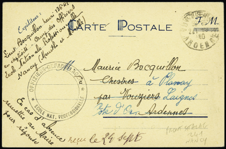 CPFM d'un officier français prisonnier à Nancy avec cachet noir "Offiziers - Gefang - Lager ecole nat. Professionnelle". Rare et TB