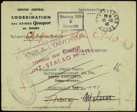 LF à en-tête des usines Peugeot de Montbéliard (oct 1940) adressée au frontstalag 125 de Melun avec cachet rect noir "Stalag 125 5 Gepruft" et réexpédiée au Frontstalag 111 de Drancy (qui deviendra ensuite le camp