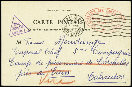 CP en franchise adressée à un prisonnier français au camp de Cormelles près de Caen avec cachet triangulaire violet "front stalag 130 gepr. Nr. 4" (30.8.40). TB