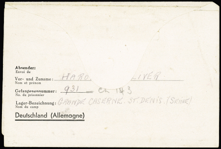 Formule Kriegsgefangenenpost d'un interné anglais à la Grande caserne de Saint-Denis avec cachet noir "Einheit der feldpost NR 01813". TB