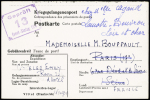 Postkarte d'une internée anglaise au Grand Hotel de Vittel avec cachet rect vilet "Gepruft 13 front-stalag 194" (1943). TB