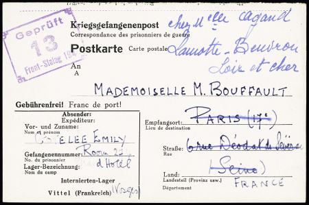 Postkarte d'une internée anglaise au Grand Hotel de Vittel avec cachet rect vilet "Gepruft 13 front-stalag 194" (1943). TB