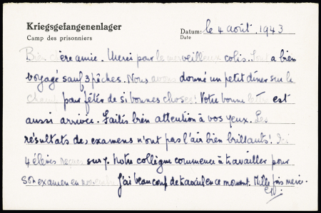 Postkarte d'une internée anglaise au Grand Hotel de Vittel avec cachet rect vilet "Gepruft 13 front-stalag 194" (1943). TB