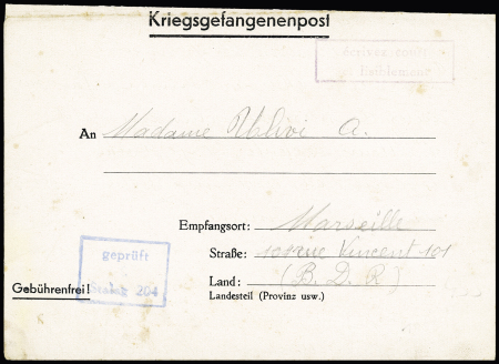 Formule Kriegsgefangenenpost d'un prisonnier français à Peronne (Somme) avec cachet rect bleu "Gepruft stalag 204". TB