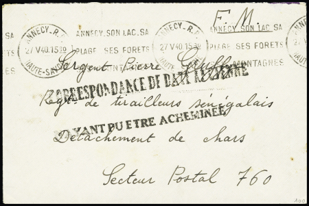 LF d'Annecy (27.5.40) pour le SP 760 avec griffe noire "Correspondance de date ancienne n'ayant pu être acheminée". TB