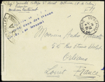 LF censurée de Béthune (23.12.44) pour Orléans avec griffe bleue "Correspondance récupérée dans des locaux occupés par l'ennemi". RR