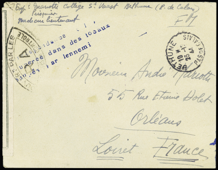 LF censurée de Béthune (23.12.44) pour Orléans avec griffe bleue "Correspondance récupérée dans des locaux occupés par l'ennemi". RR