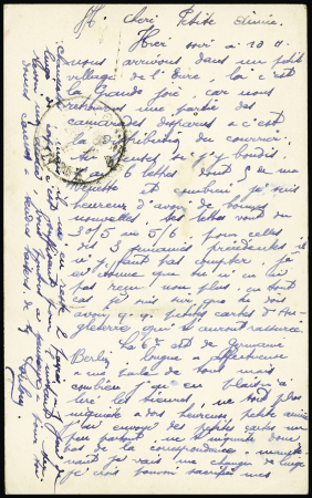 Post card avec CAD "Poste aux armées" (10.6.40) (rescapé de Dunkerque) adressée à Paris (arrivée 10.7.40) et réexpédiée dans l'Yonne. TB