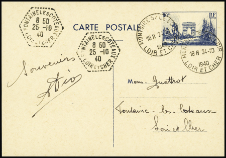 Entier carte postale 80c bleu Arc de Triomphe OBL CAD horoplan "Montoire s/ Loir Loir et Cher" (24.10.40 - entrevue Pétain - Hitler à Montoire). TB