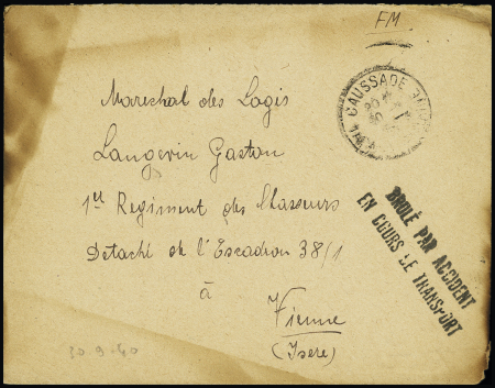 Lettre de Caussade Tarn et Garonne (30.9.40) pour Vienne (Isère) avec griffe noire "Brûlé par accident en cours de transport" (accident d'un camion postal dans l'Isère). TB