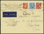 N°511 + 547 + 549 OBL Pornichet (1.3.43) sur lettre (par avion) pour Bastia avec griffe noire "reprise du service postal aérien entre la France - zone occupée et la Corse". TB