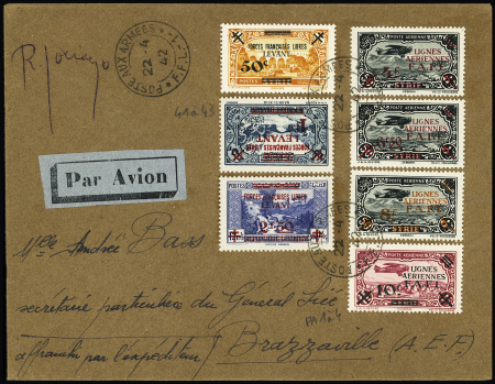 Levant n°41 à 43 + PA 1 à 4 OBL CAD "poste aux armées FFL1" (12.4.42) sur lettre recommandée par avion pour Brazzaville avec arrivée. TB