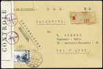 Levant n°48 OBL CAD à pont "poste aux armées BPM 3" (1943 - Alep) sur lettre recommandée pour Tel-Aviv avec censure violette "CM" à Croix de Lorraine. TB