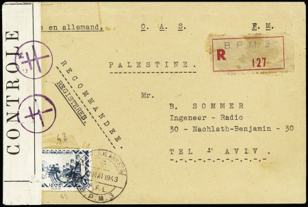 Levant n°48 OBL CAD à pont "poste aux armées BPM 3" (1943 - Alep) sur lettre recommandée pour Tel-Aviv avec censure violette "CM" à Croix de Lorraine. TB