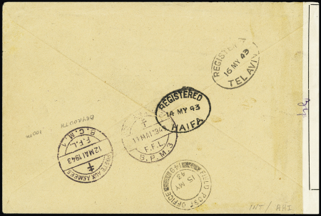 Levant n°48 OBL CAD à pont "poste aux armées BPM 3" (1943 - Alep) sur lettre recommandée pour Tel-Aviv avec censure violette "CM" à Croix de Lorraine. TB