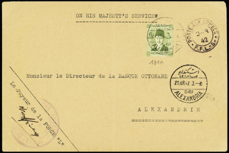 Egypte n°191A OBL Alexandria (1942), à côté CAD 2 cercles "poste aux armées FFL5" (1942 - 1ère BFL) sur lettre pour Alexandrie avec mention dactyl "Le Payeur de la Force L". TB