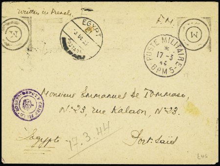 LF avec CAD "poste militaire BPM5" (1944 - 1ère DFL) pour Port-Saïd. TB