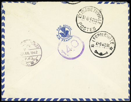 Levant n°46 en paire OBL CAD à pont "poste aux armées BPM 5" (1942 - 1ère DFL) sur lettre par avion pour le Congo belge. Jolie pièce