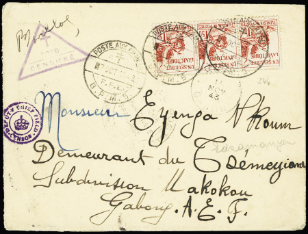Tunisie n°244 en bande de 3 OBL CAD à pont "poste aux armées FFL BPM 5" (1943 - 1ère DFL - le BPM 5 fut le seul BPM de la France Libre à utiliser des timbres de Tunisie). Rare et TB