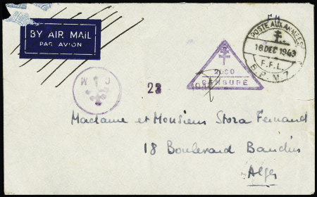 LF avec CAD à pont "poste aux armées BPM 7" (1943 - base aérienne de Rayack) + cachet triangulaire violet à croix de Lorraine "2080 censuré". TB