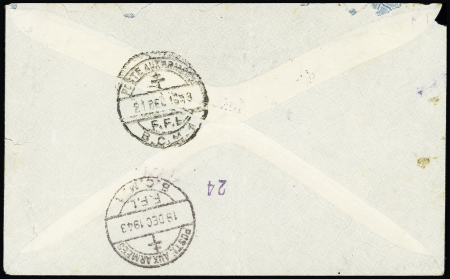 LF avec CAD à pont "poste aux armées BPM 7" (1943 - base aérienne de Rayack) + cachet triangulaire violet à croix de Lorraine "2080 censuré". TB