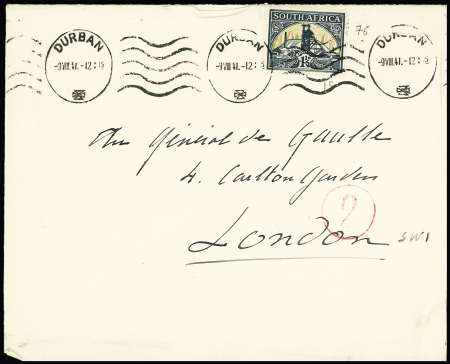 Afrique du Sud n°76 OBL Durban (1941) sur lettre adressée au général de Gaulle avec censure rouge "2" de la France Libre. TB