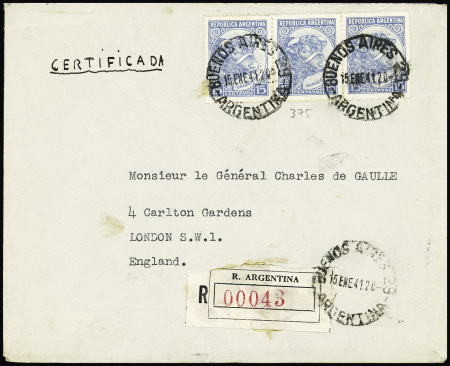 Argentine n°375 en bande de 3 OBL Buenos Aires (1941) sur lettre recommandée adressée au général de Gaulle. TB
