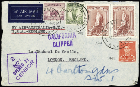 Australie n°115 + 118, 2 pièces + 112 OBL Sydney (nov 1940) sur lettre censurée adressée au général de Gaulle. TB