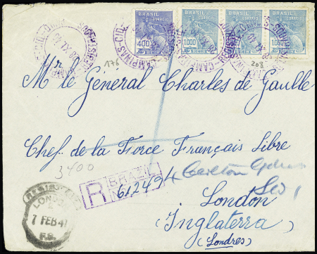 Brésil n°176 + 208 en bande de 3 OBL Campinas - Cid (nov 1940) sur lettre adressée au général de Gaulle. TB