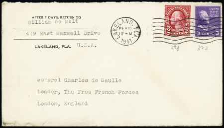 USA n°229 + 372 OBL Lakeland (1941) sur lettre adressée au général de Gaulle. TB