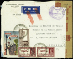 Inde anglaise n°151 + 154 en paire OBL Pondicherry (1941) sur lettre censurée adressée au général de Gaulle avec rare vignette "France toujours". RR et TB