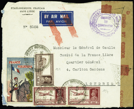 Inde anglaise n°151 + 154 en paire OBL Pondicherry (1941) sur lettre censurée adressée au général de Gaulle avec rare vignette "France toujours". RR et TB
