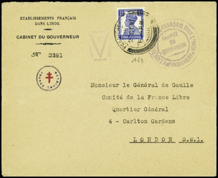 Inde anglaise n°169 OBL Pondicherry (1941) sur lettre avec petit cachet violet "France toujours" et Croix de Lorraine rouge adressée au général de Gaulle. Rare et TB