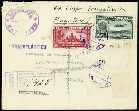 Venezuela PA 79 + PA136 OBL Maracaïbo (1941) sur lettre recommandée adressée au général de Gaulle. TB